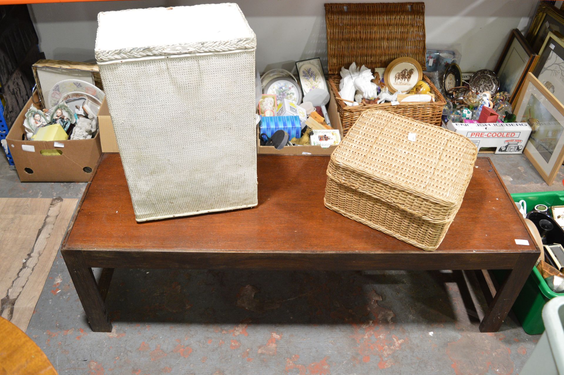 Wicker Basket, Oak Rectangular Table and a Linen B