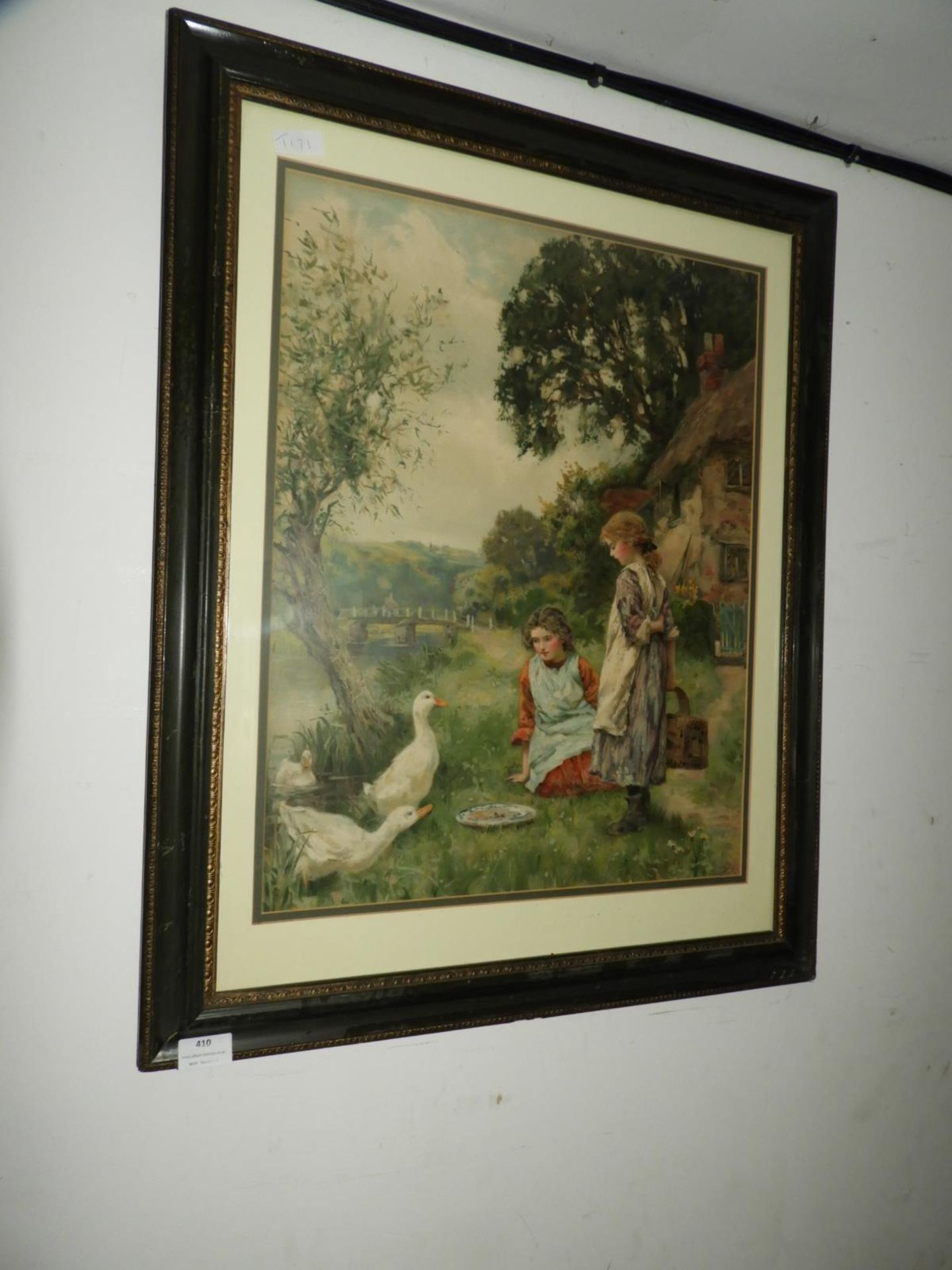 Framed Victorian Print - Girl Feeding Ducks