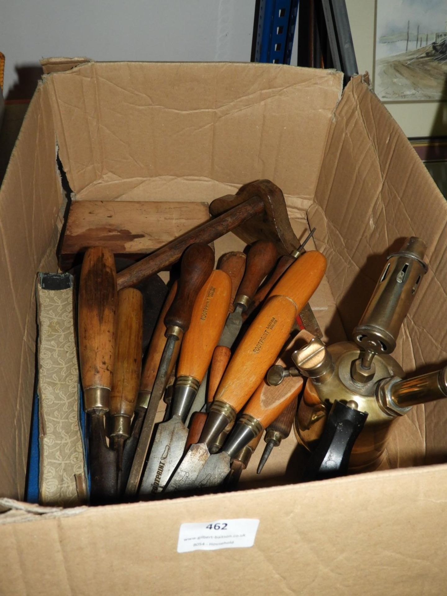 Box Containing Joinery Chisels, Brass Blow Lamp, T