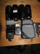 Four Assorted Telephoto Lenses and Four Flash Head