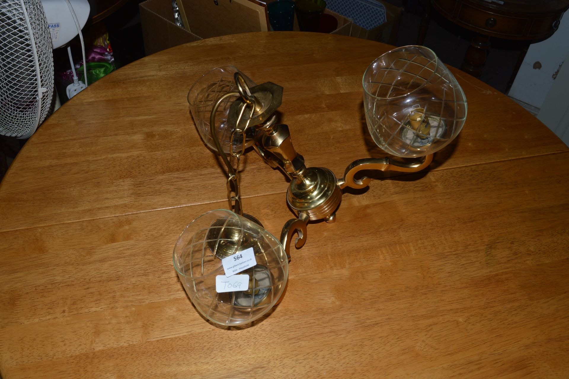 Brass Three Branch Ceiling Light with Cut Glass Sh