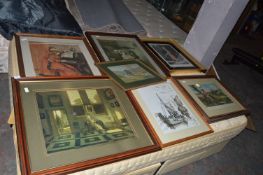 Five Framed Prints, an Embroidery and a Framed Wat