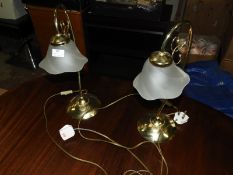 Pair of Brass Lamps with Frosted Glass Shades