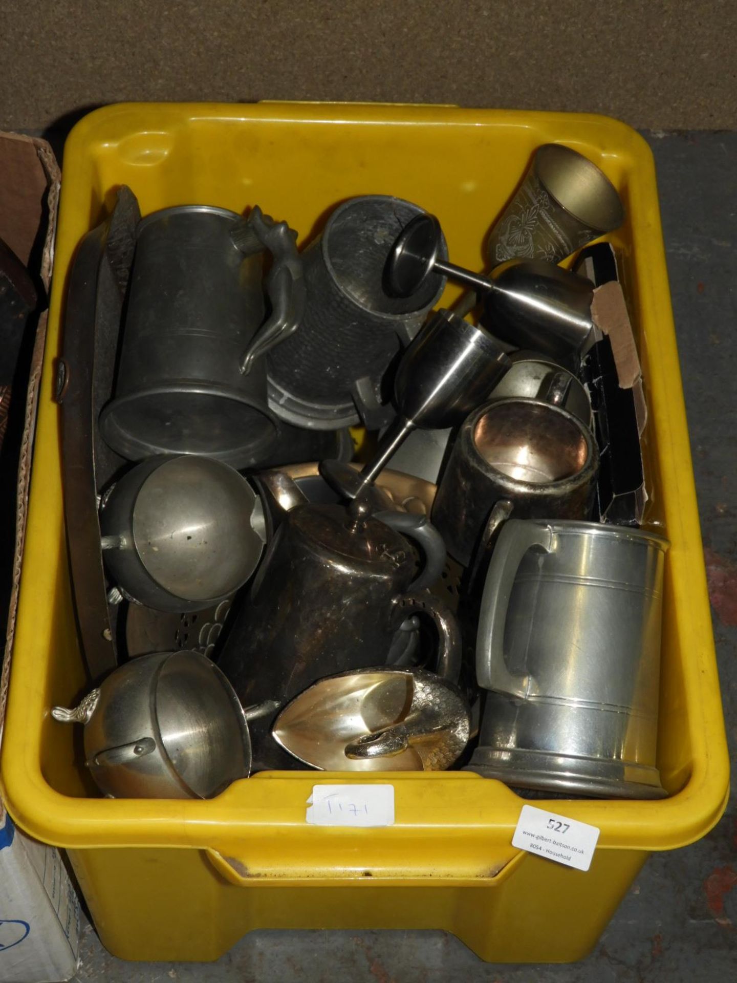Box Containing Pewter and Other Tankards, Copperwa