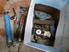 Box Containing Grease Pumps and Assorted Tools