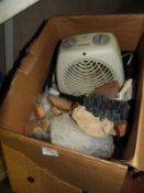 Box Containing Padded Blanket, Electric Fan Heater and Assorted Treen Items