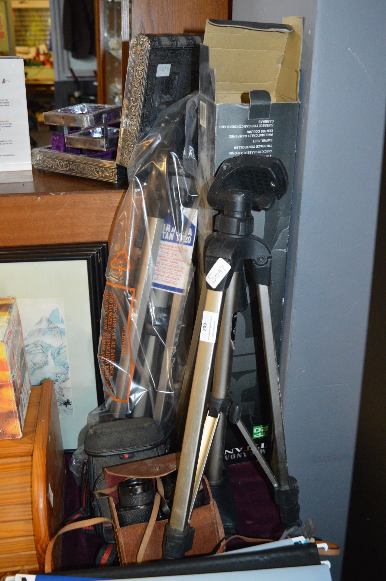 Various Camera Tripods, Binoculars, etc.