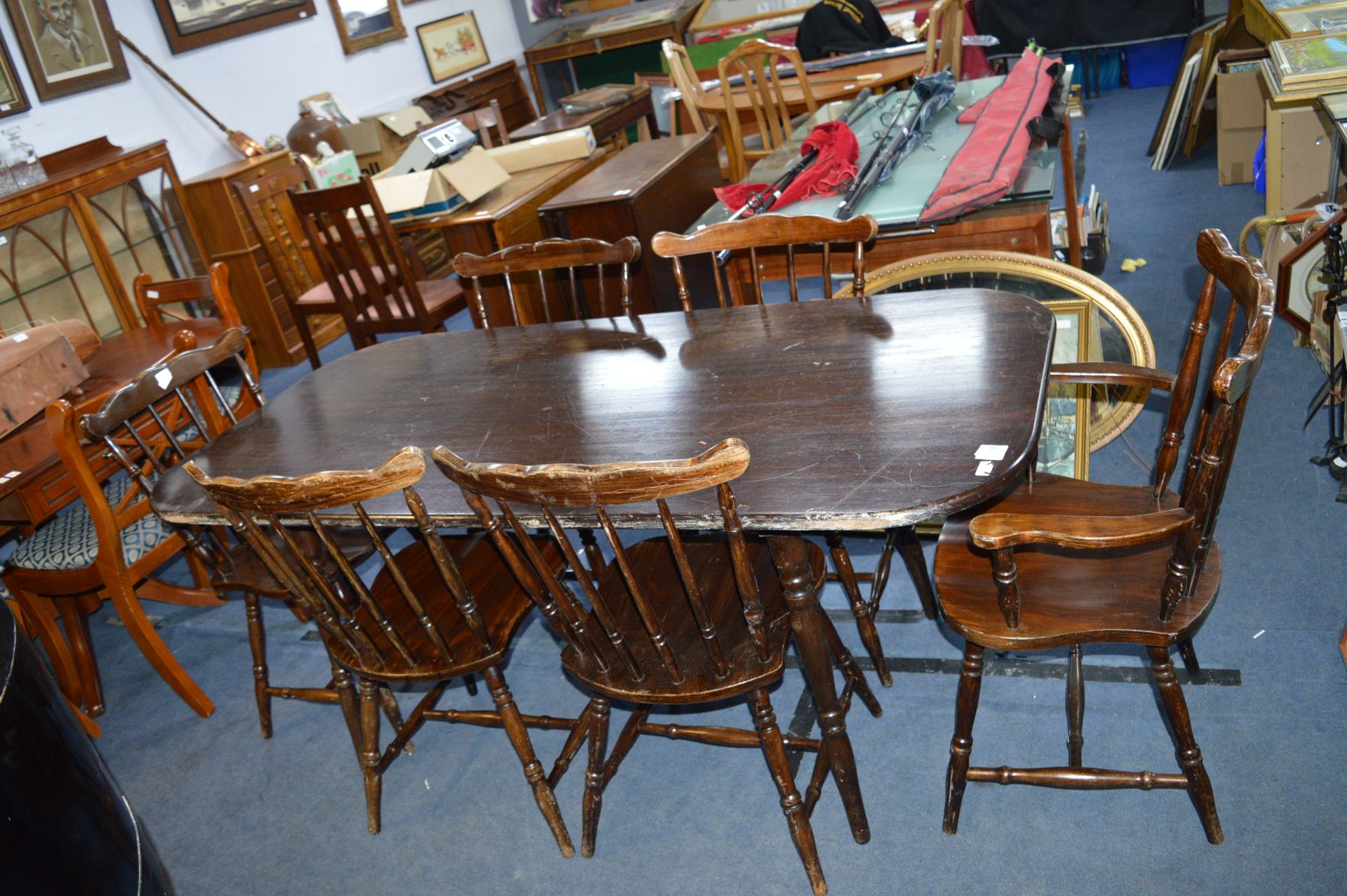 Dark Wood Dining Table with Six Spindle Back Chair