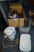 Box of Assorted Kitchenware, Chickens, Riding Crop