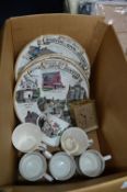 Box of Decorative Wall Plates, Pottery Mantel Cloc
