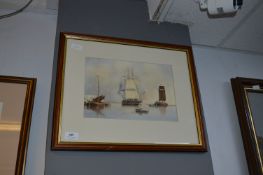 Small Framed Watercolour of a Ship Arriving in the