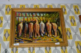 Small Gilt Framed Oil on Board - Horses in the Sta