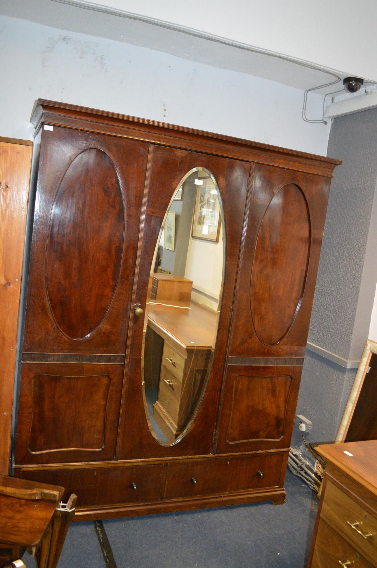 Large Edwardian Mahogany Triple Wardrobe with Oval