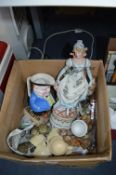 Box of Assorted Pottery Items, Toby Jugs, Figurine