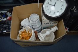 Box of Assorted Pottery Items, Clocks, etc.