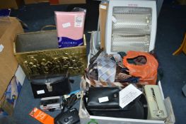 Box of Assorted Items, Cameras, Magazine Racks, He