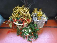 Two Boxes of Tinsel, Gold Rope, Holly, etc.