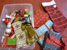 Box of Christmas Decorations, Stockings, Apron, Fa