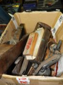 Box Containing Vintage Wood Planes, Blow Lamps, et