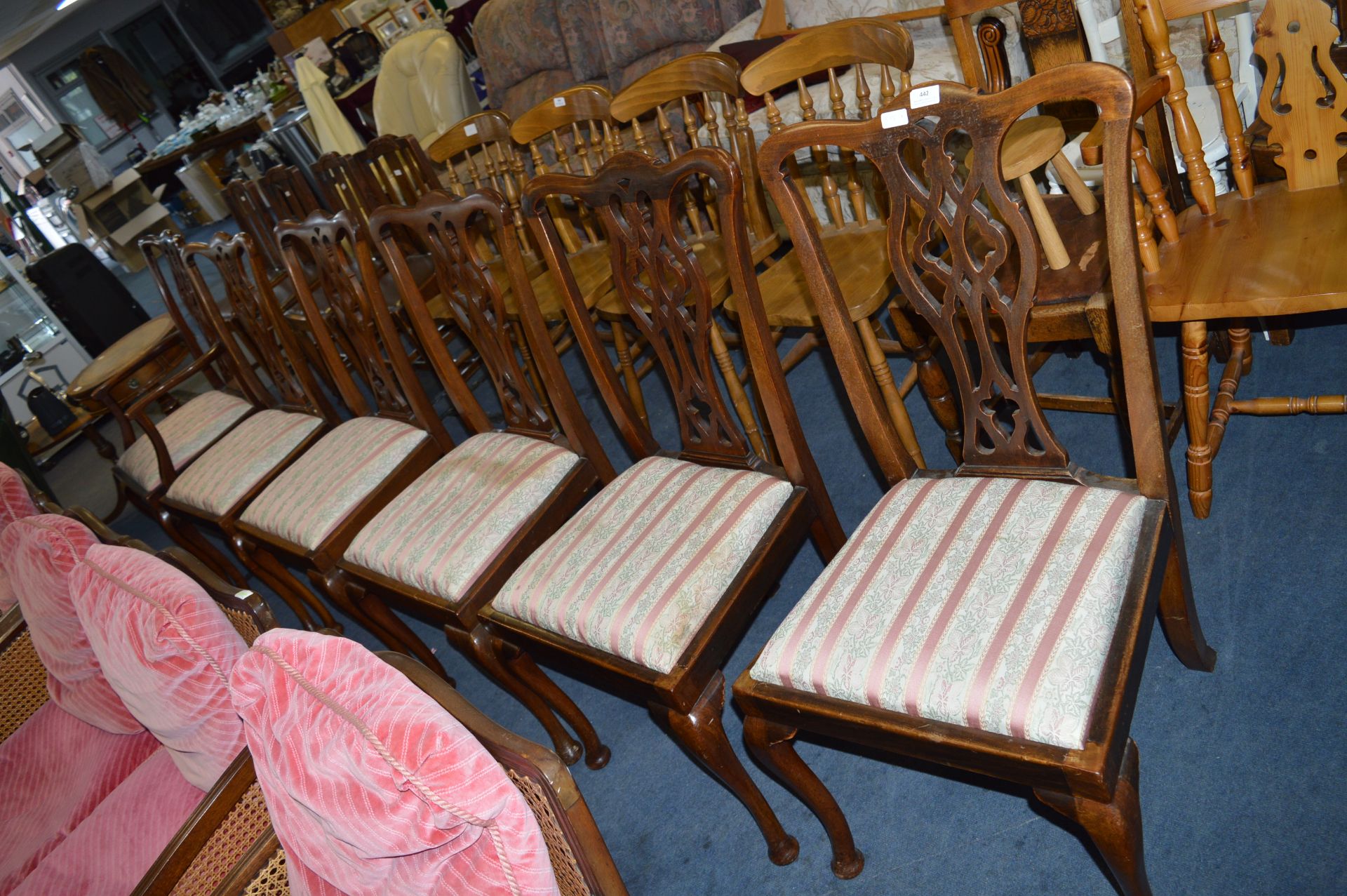 Six Edwardian Mahogany Dining Chairs Including One