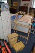 Ironing Board, Drying Rack, and Two Wicker Baskets