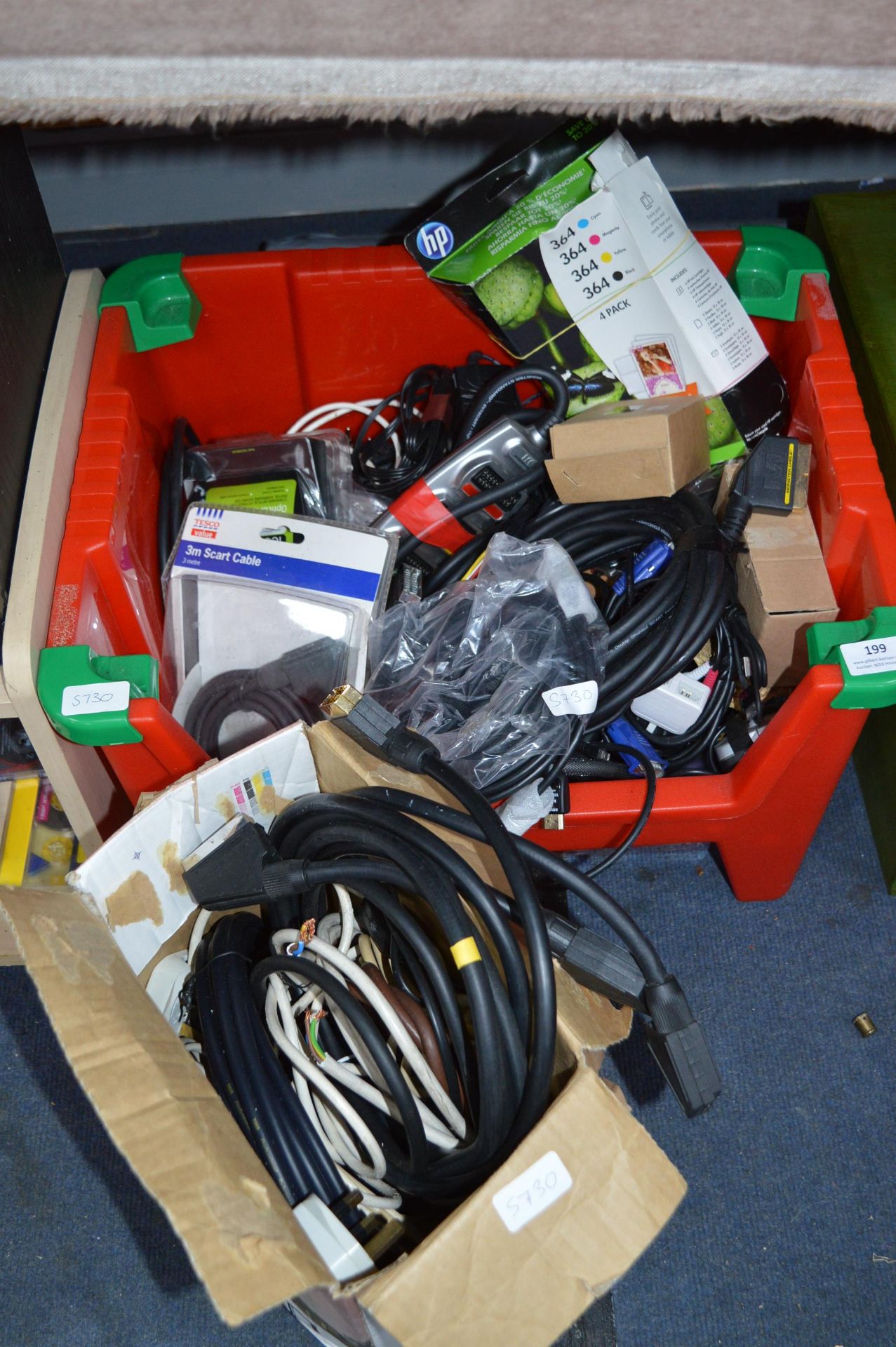 Large Red Plastic Tub of Assorted Cables