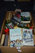 Box of Assorted Books and Christmas Decorations, e