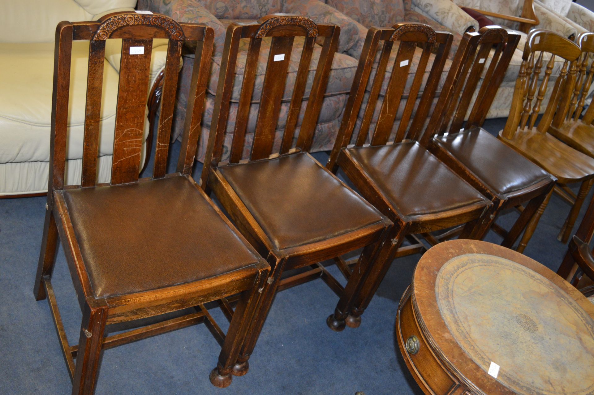 Four 1930's Oak Vinyl Seated Dining Chairs