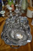 Large Silver Plated Tray, Candlesticks, Dishes, Fr