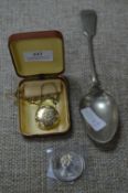 Commemorative Coin, Fob Watch and a Plated Spoon