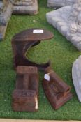 Three Cast Iron Items; Shoe Last, Flat Iron and a