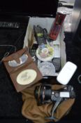 Assorted Lot of Fishing Reels, Mobile Phones, Pans
