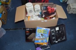 Large Box of New Items Including Candles, Air Beds