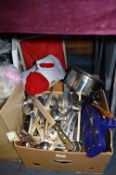 Box of Assorted Kitchenware, Pans, Cutlery, etc.