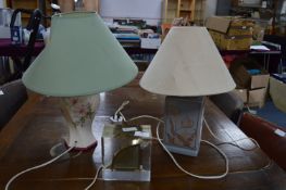 Two Table Lamps and a Perspex Block Containing a G