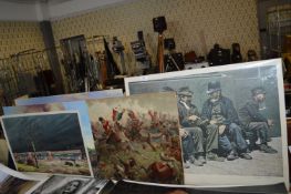 Four Assorted Large Print Including Victorian Battle Scene and a 1960 Architects Watercolour of a Sh