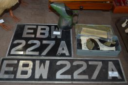 Two Vintage Car Number Plates, Oil Can, Motoring G