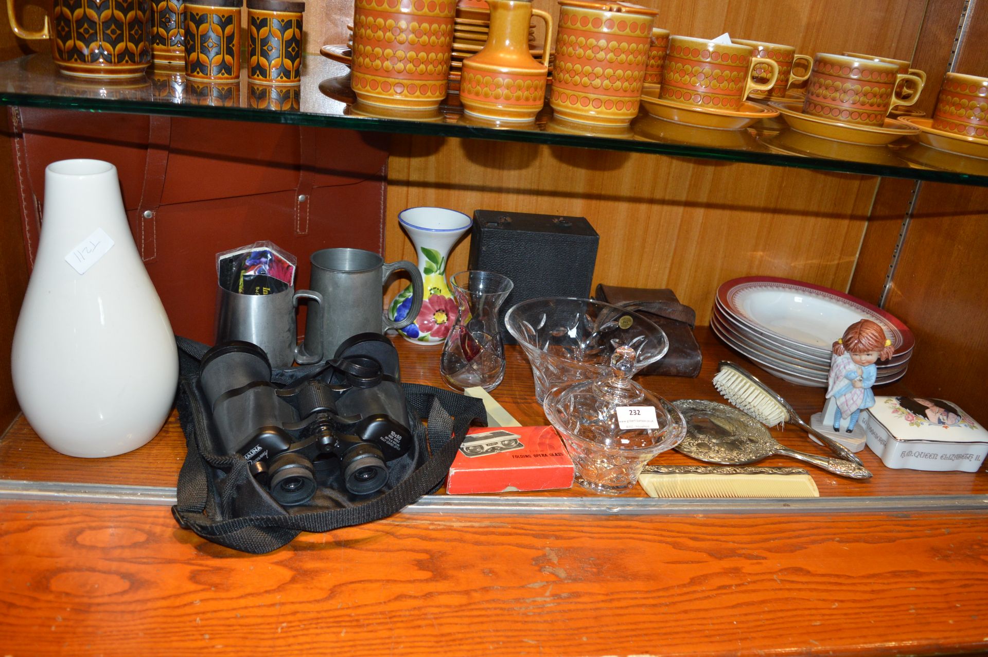 Miscellaneous Lot of Glassare, Pottery, Leather Bag, Binoculars, etc.
