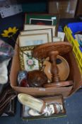 Box of Assorted Framed Prints, Books, Wooden Items