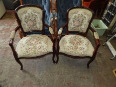 Pair of Hardwood Framed Elbow Chairs with Tapestry