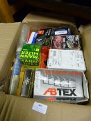 Box of Assorted Car Parts Including Brake Pads, Fi