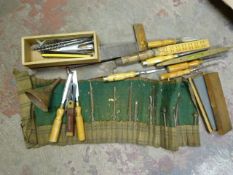 Box of Vintage Tools Including Chisels, Spirit Lev