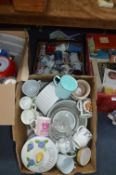 Two Boxes of Pottery, Mugs, Cookie Jars, etc.
