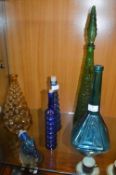 Five Coloured Glass Vases and Bottles