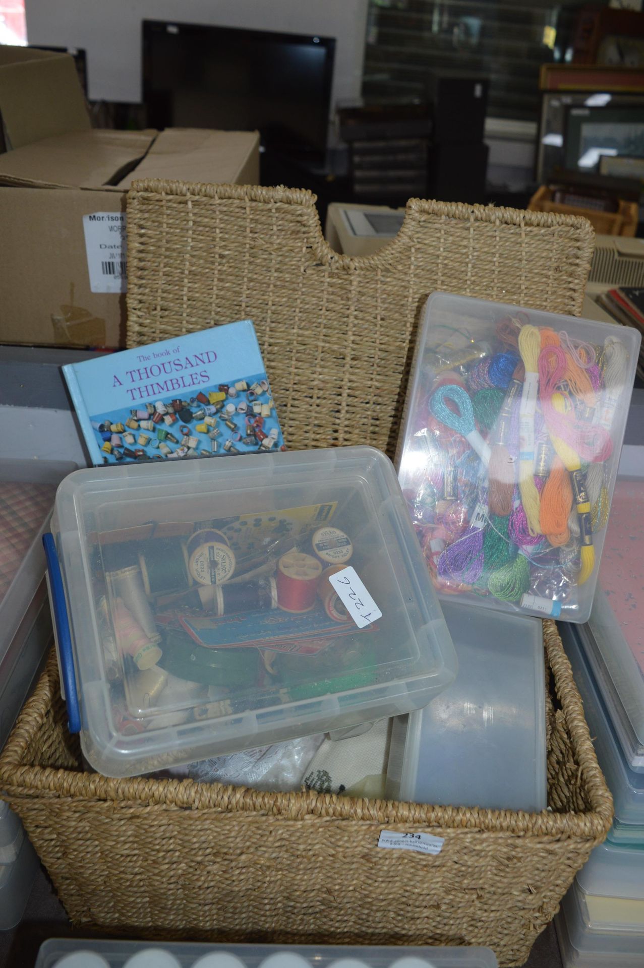 Basket of Sewing Items Including Tapestry Silks, R