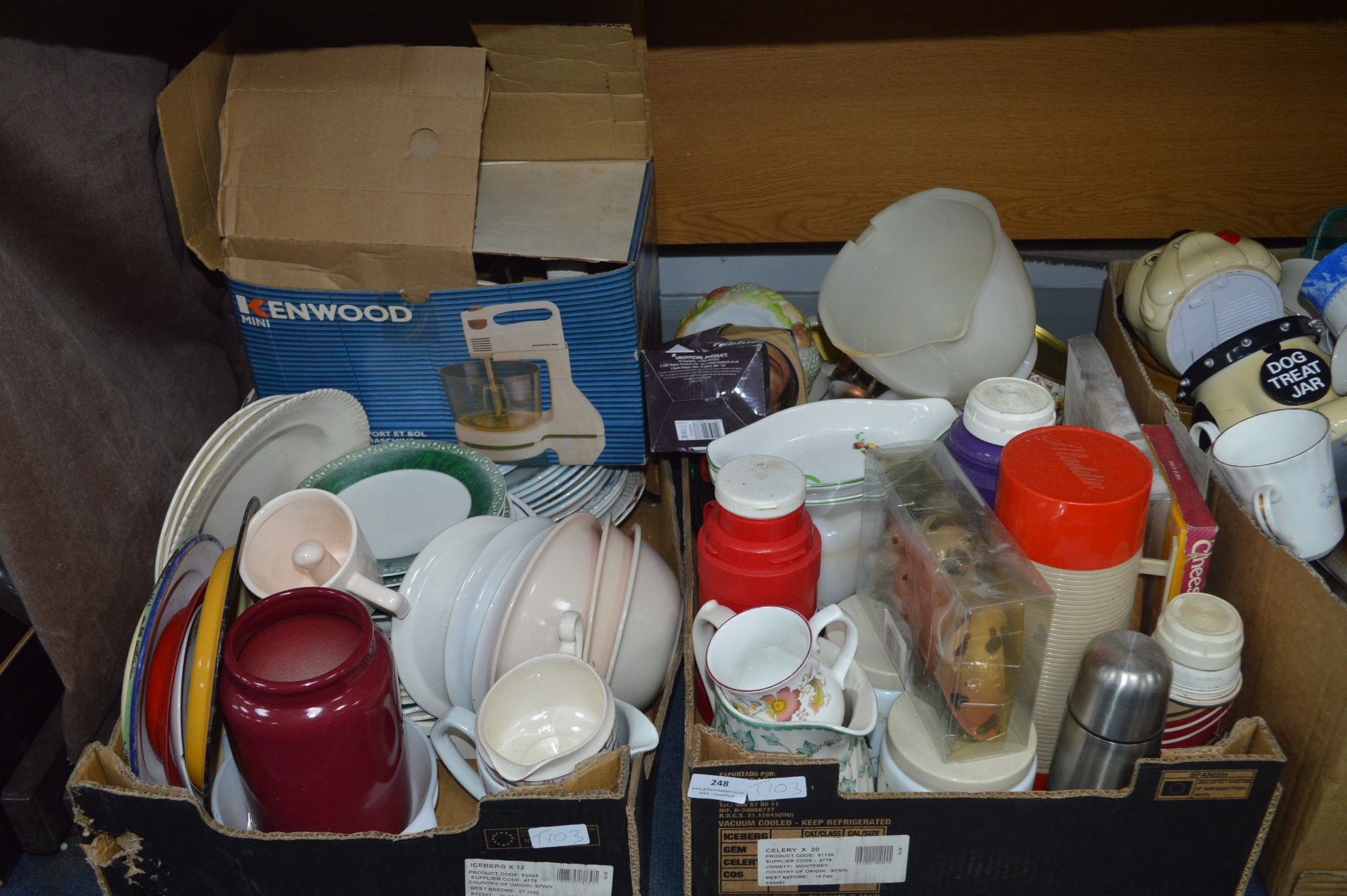 Two Boxes of Kitchenware, Pottery Items, Flasks, e