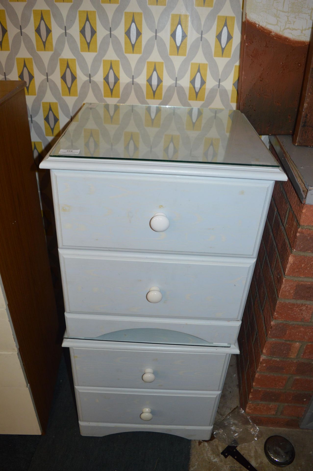 Two Glass Topped Painted Two Drawer Side Cabinets