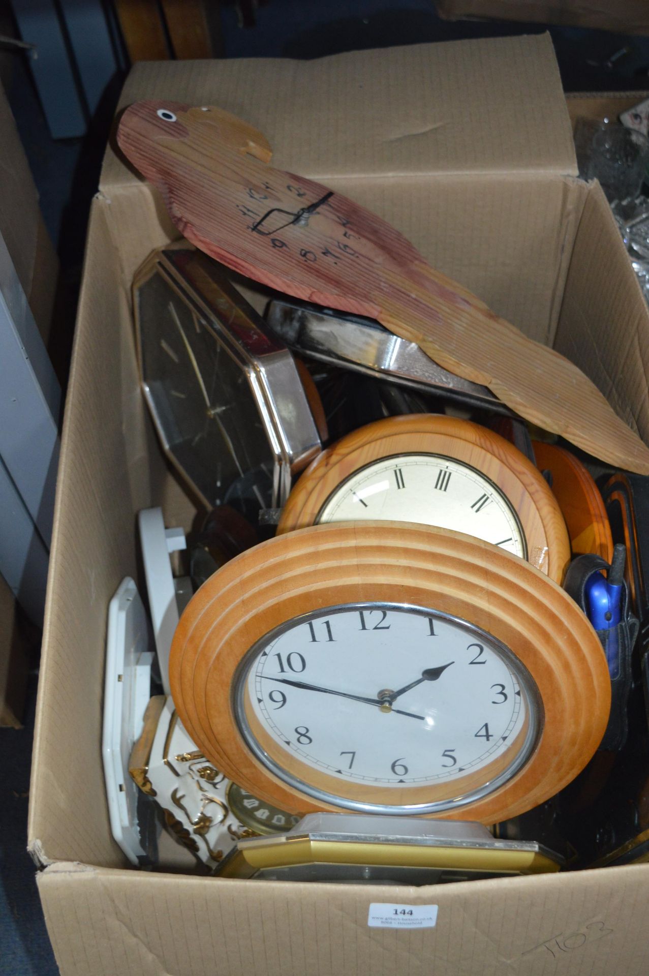 Large Box Containing Wall Clocks, etc.