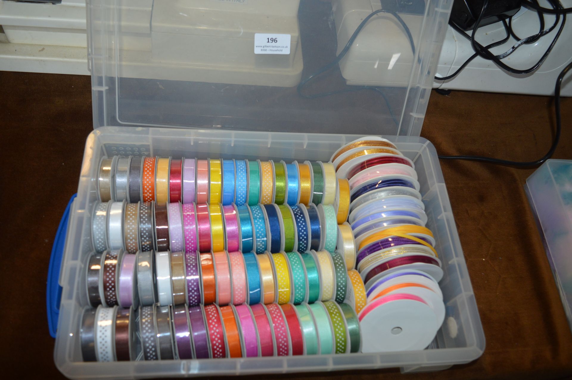 Plastic Tub Containing ~50 Spools of Ribbon