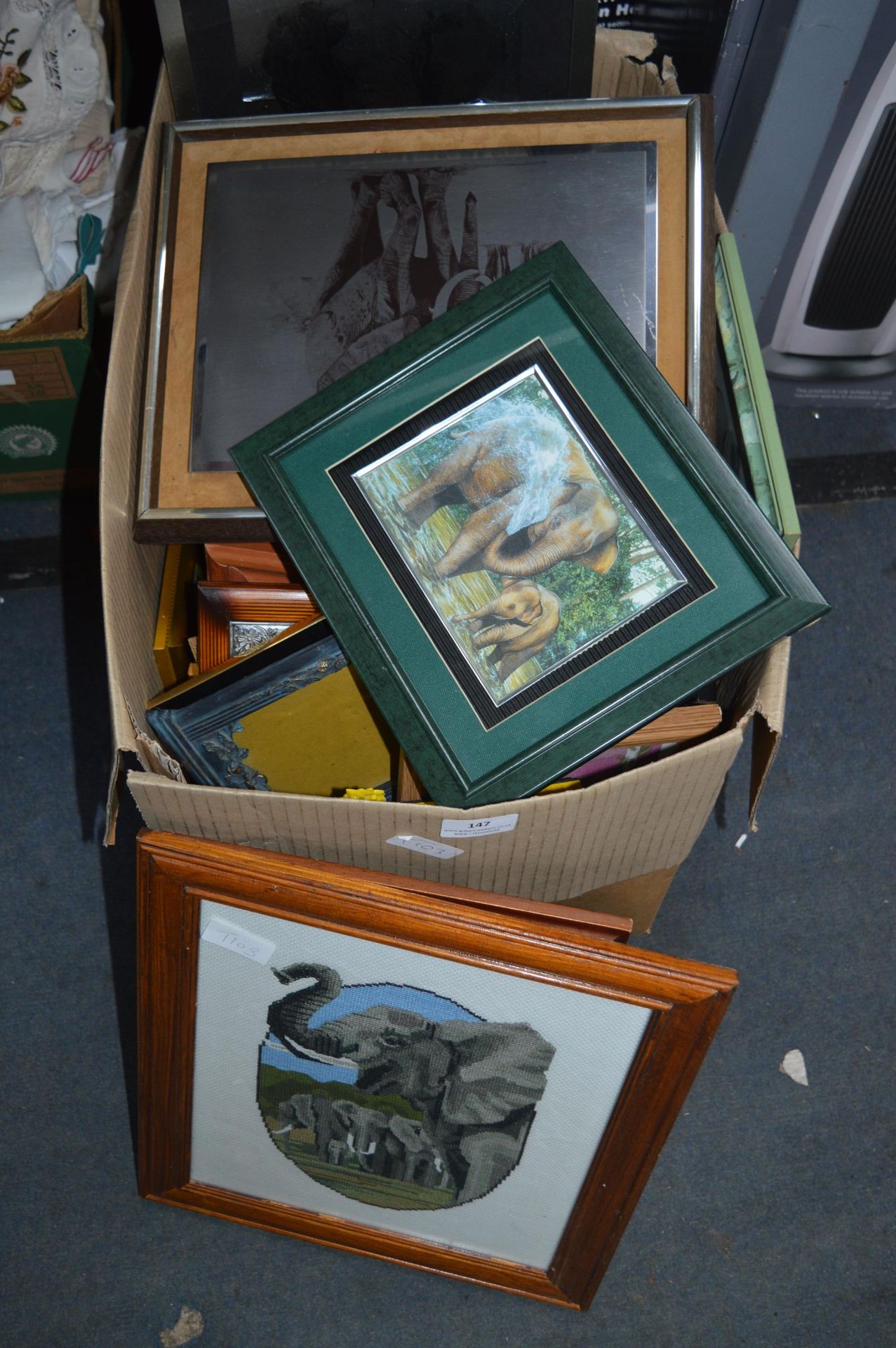 Box Containing Framed Pictures of Elephants, etc.
